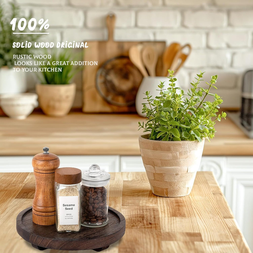 round Decorative Tray Farmhouse Kitchen Decor Soap Dish, 8" Walnut | Waterproof, Lightweight, Easy Clean, Wood Riser Pedestal Stand Accessories for Office Desk, Vanity, Counter, Sink