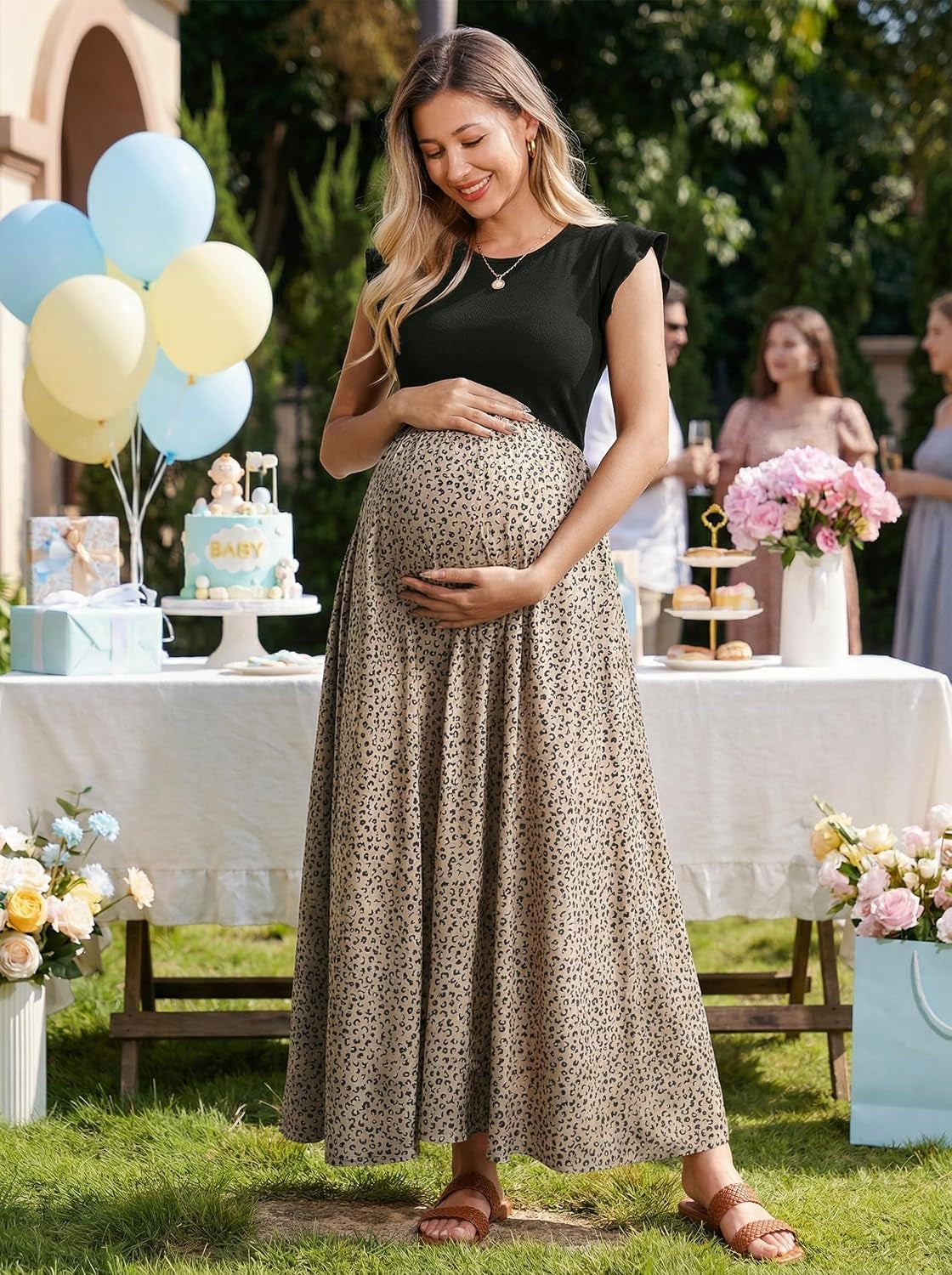 Women'S Ruffle Sleeve Patchwork Maternity Maxi Dress with Pockets | Soft Lightweight Fabric, Crew Neck, Stylish Print, Relaxed Fit, Baby Shower, Maternity Photoshoot, Casual, Daily Wear