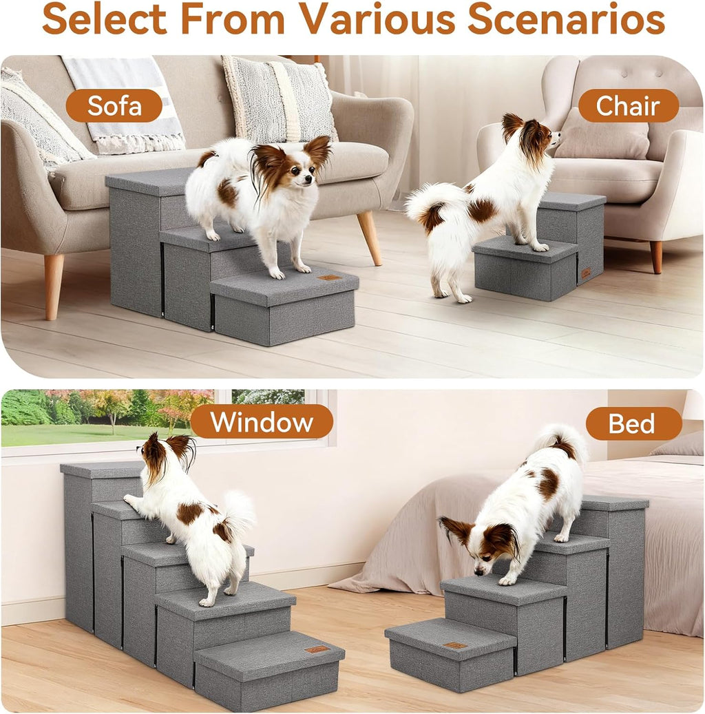 Wider Dog Ramp for High Bed with Storage, Foldable Dog Stairs | 18" H Dog Step for Small Medium Large Older Senior Animal, for Climbing Bed or Couch, Arthritis-Friendly (Gray, No Condo)
