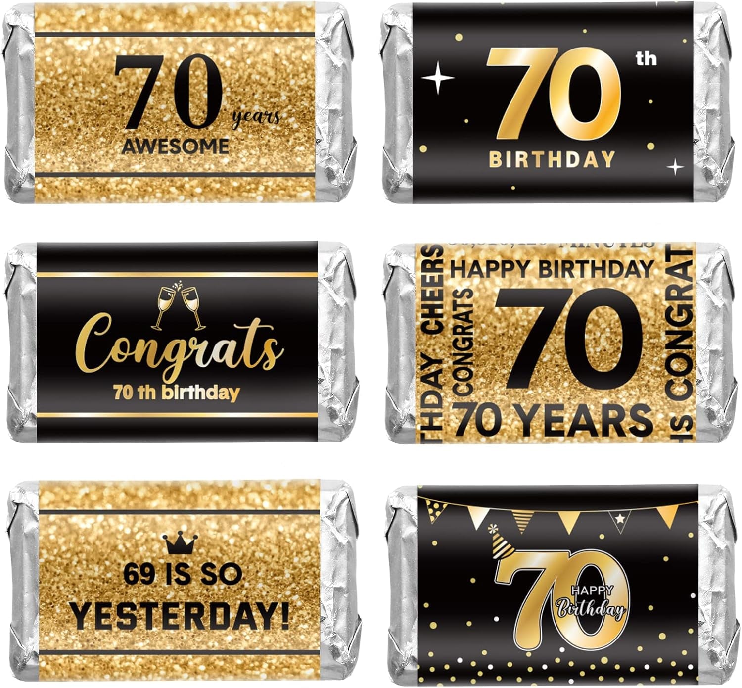 180 Pcs 70Th Birthday Stickers Black and Gold Cheers to 70 Years Candy Bar Wrappers Happy 70Th Birthday Party Favor Labels for Adults Anniversary Party Candy Chocolate Supplies