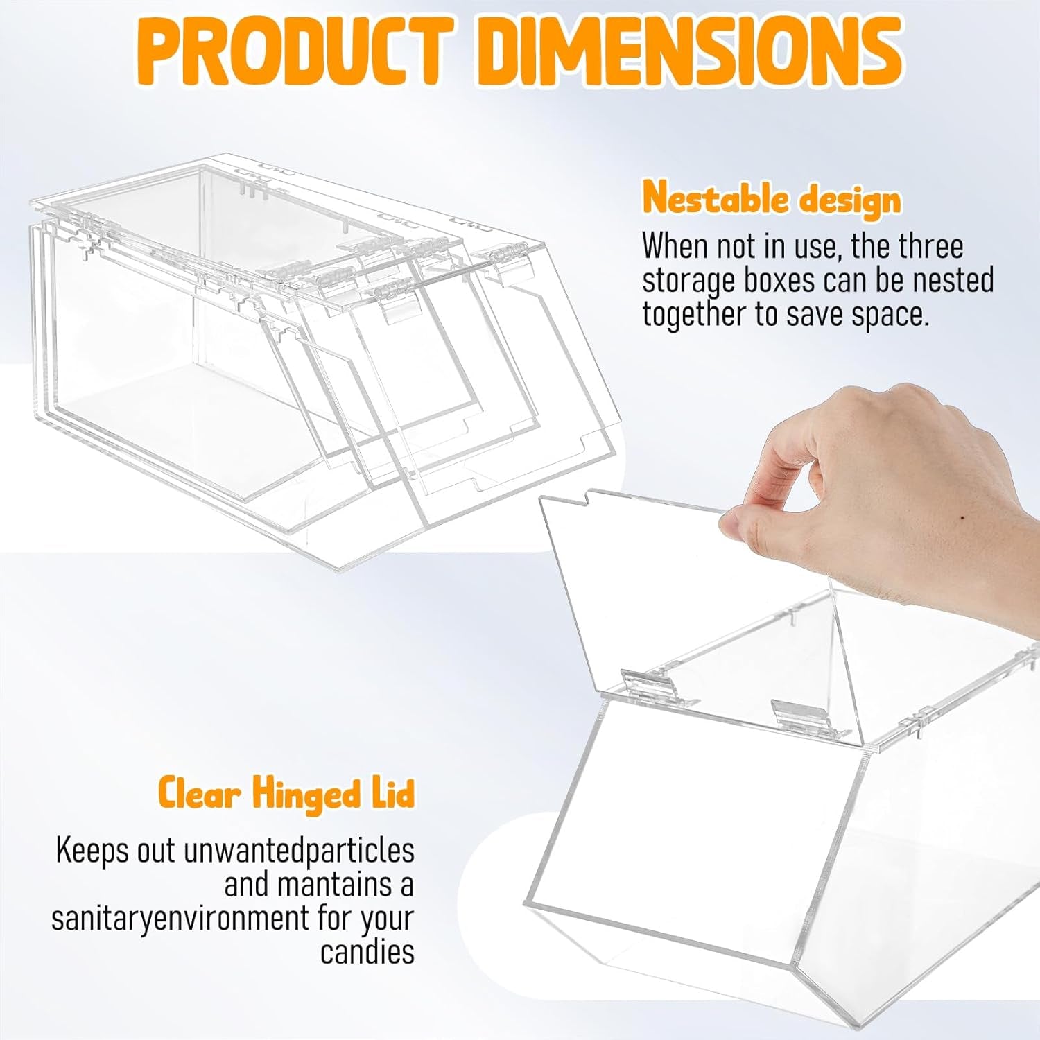 Set of 3 Stackable Candy Bins with Hinged Lid Small Medium Large Clear Acrylic Storage Bins Stackable Pantry Storage Caddys for Cereal Nuts Candies Snack Ice Cream Toppings and Wrapped Snacks