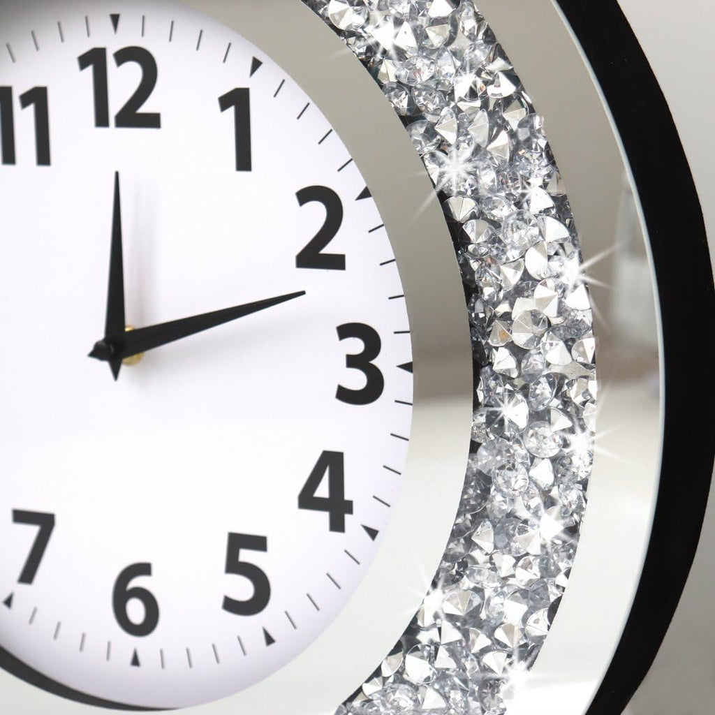 Acrylic Glass Diamond Decor round Clock, 15.7X15.7X1.7 Inches Silver Glass round Decorative Clock, Silent Quartz Movement (No Second Hand), Modern Sparkle Home Decor (AA Battery Not Included)
