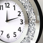 Acrylic Glass Diamond Decor round Clock, 15.7X15.7X1.7 Inches Silver Glass round Decorative Clock, Silent Quartz Movement (No Second Hand), Modern Sparkle Home Decor (AA Battery Not Included)