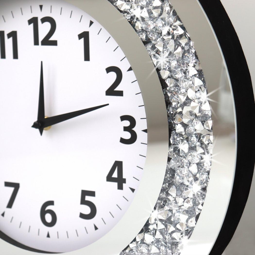 Acrylic Glass Diamond Decor round Clock, 15.7X15.7X1.7 Inches Silver Glass round Decorative Clock, Silent Quartz Movement (No Second Hand), Modern Sparkle Home Decor (AA Battery Not Included)