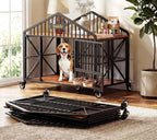 41.5" Foldable Dog Crate Furniture with 5 Wheels & Rotating Bowls | No Assembly. Foldable Frame. 5-Wheel Base. 2 Rotating Bowls. for Small/Medium Dogs. 41.5"L X 24.8"W X 35.1"H. Rustic Brown.