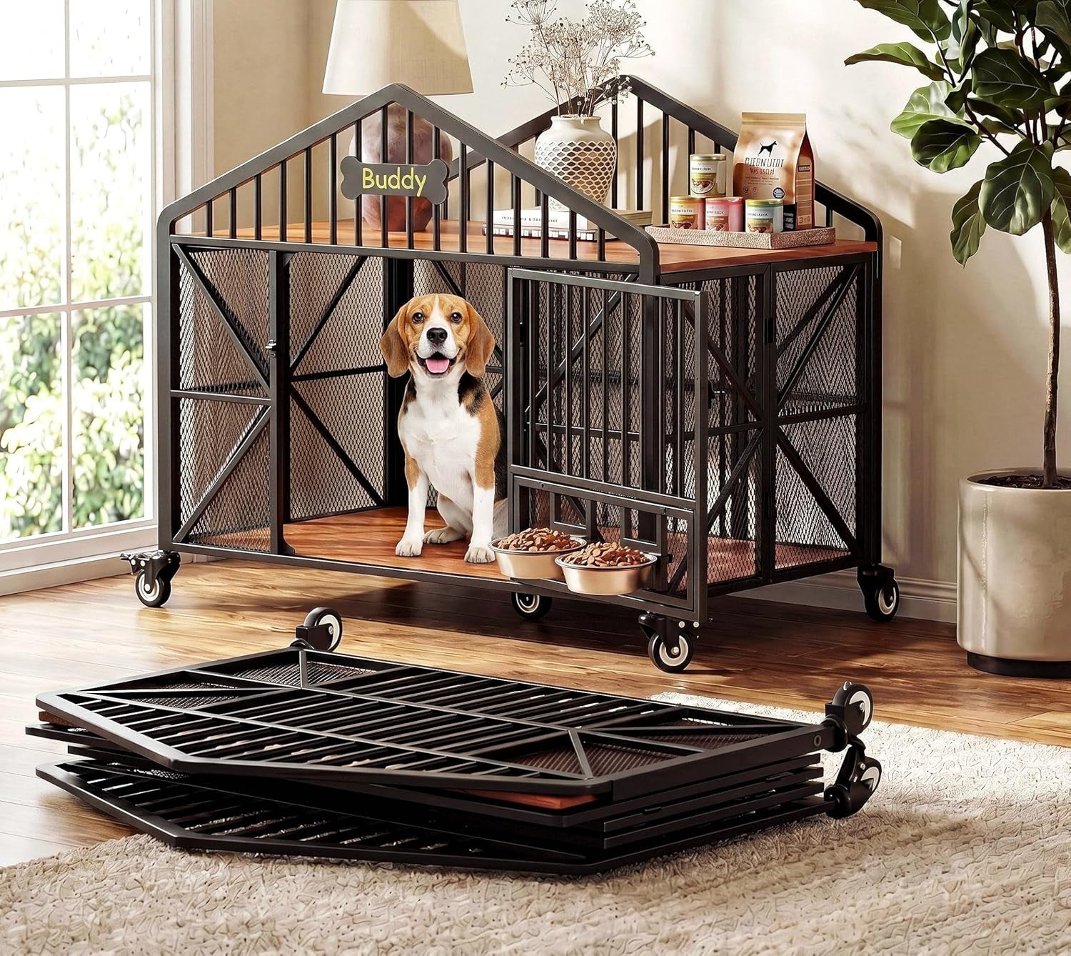 41.5" Foldable Dog Crate Furniture with 5 Wheels & Rotating Bowls | No Assembly. Foldable Frame. 5-Wheel Base. 2 Rotating Bowls. for Small/Medium Dogs. 41.5"L X 24.8"W X 35.1"H. Rustic Brown.