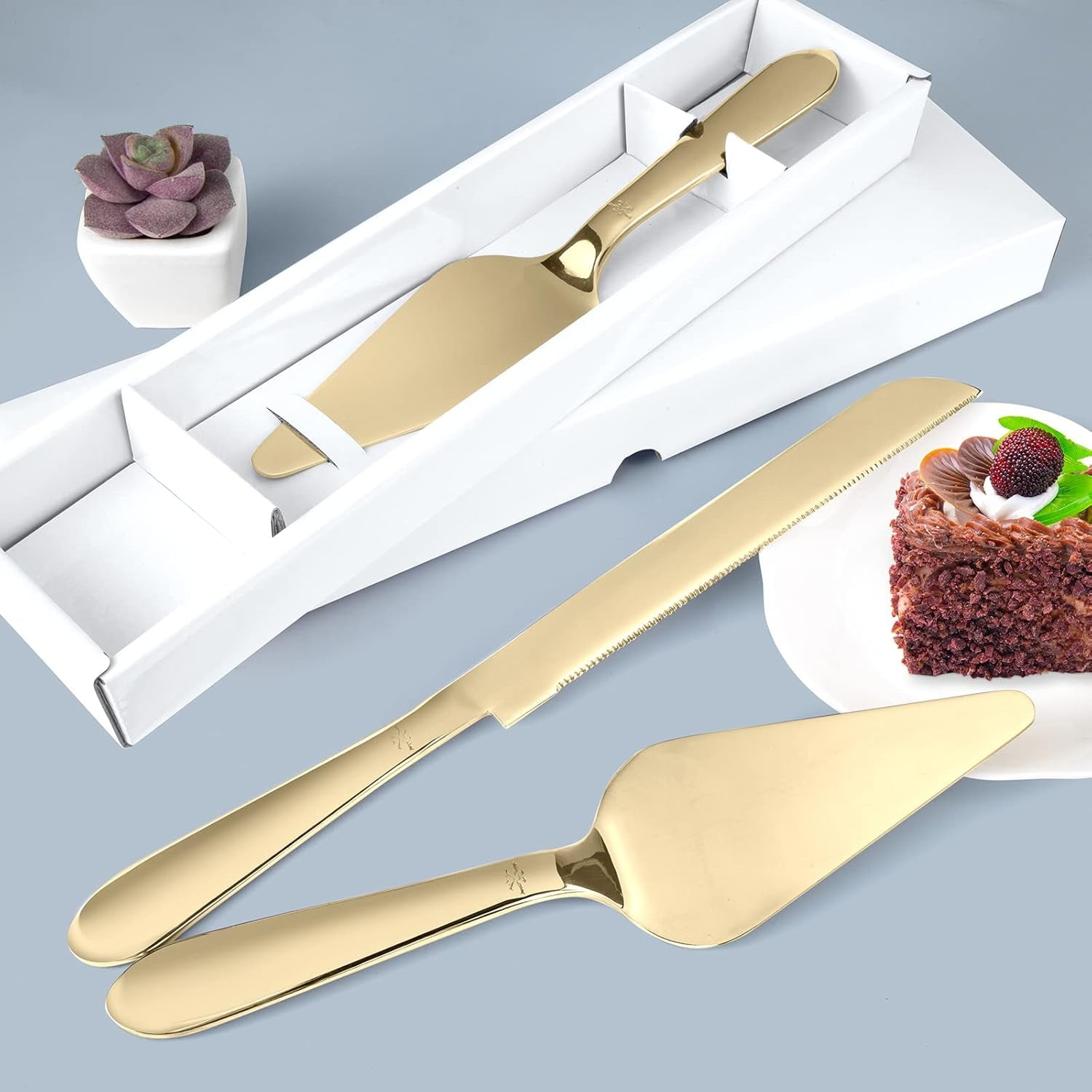 Cake Cutting Set for Wedding, Elegant Cake Knife and Server Set with Thickened Stainless Steel Rounded Edges, Cake Cutter Pie Spatula for Birthday Anniversary Christmas, 2 Pcs, Gold