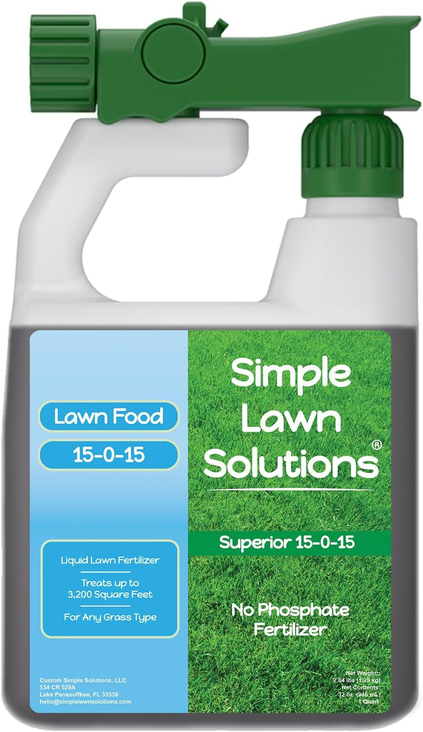 Superior 15-0-15 Liquid Lawn Fertilizer - Lawn Food for Growth & Green - Nitrogen, Potassium, Humic, Fish & Seaweed - Any Grass Type-  - All Season- Attached Sprayer (32 Ounce)