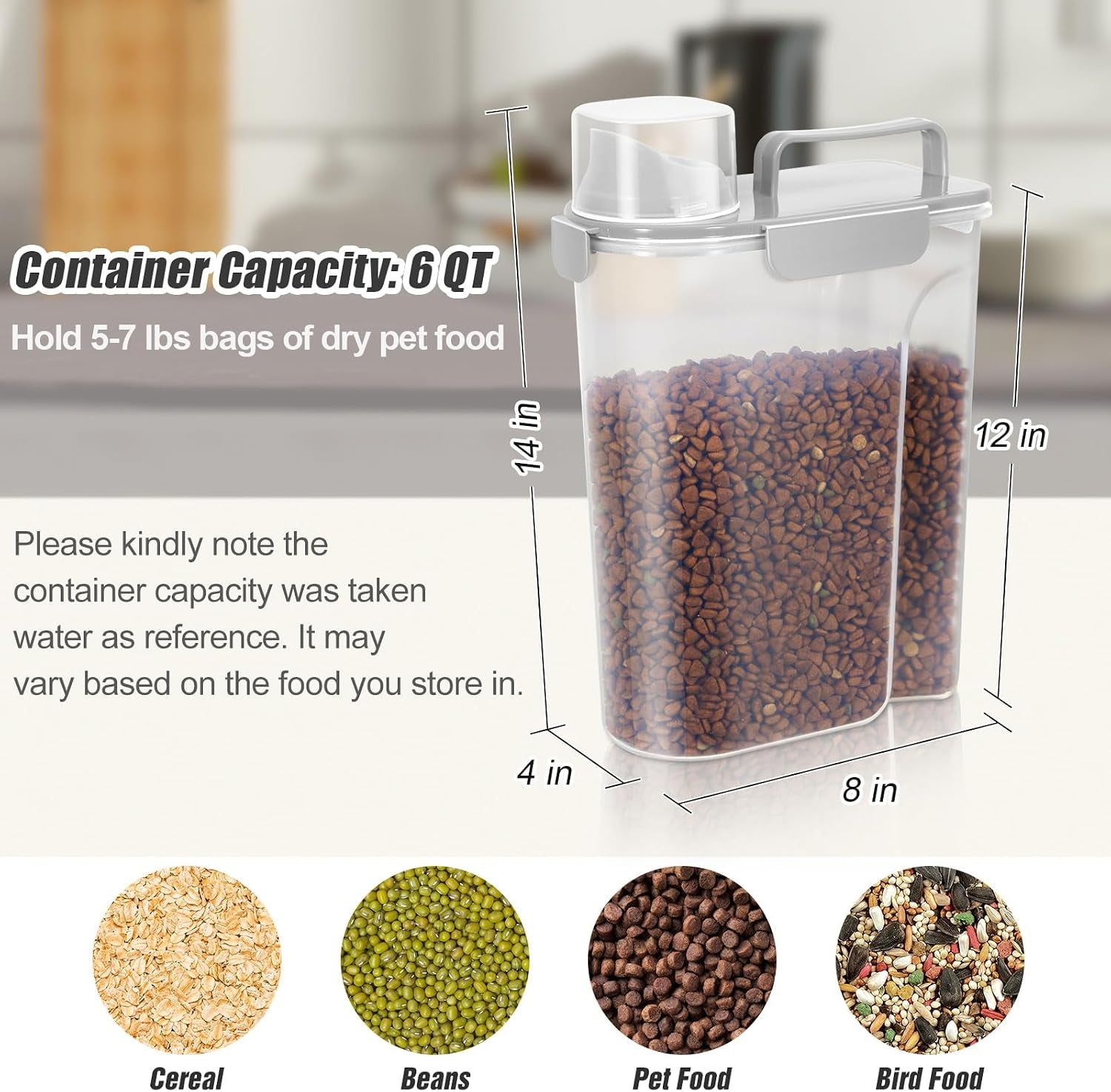 Dog Cat Food Storage Container 5 to 7 Lbs, Airtight Pet Food Dispenser with Easy-Pouring Spout & Measuring Cup, Portable Kibble Container for Travel Dog Food Storage