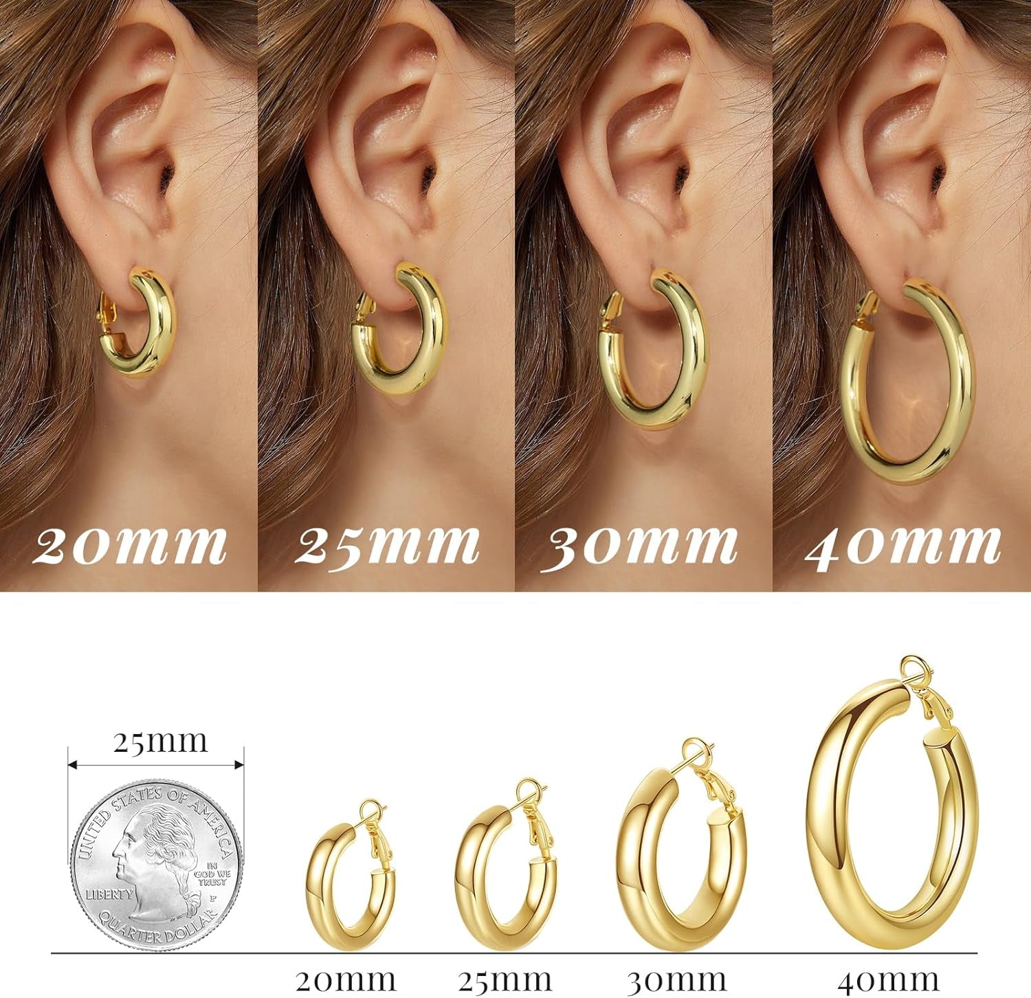 Chunky Gold Hoop Earrings - 14K Gold Plated Earrings for Women Hollow Tube Lightweight Thick Hoops 20/25/30/40Mm Valentines Graduation Mother'S Day Birthday Gifts