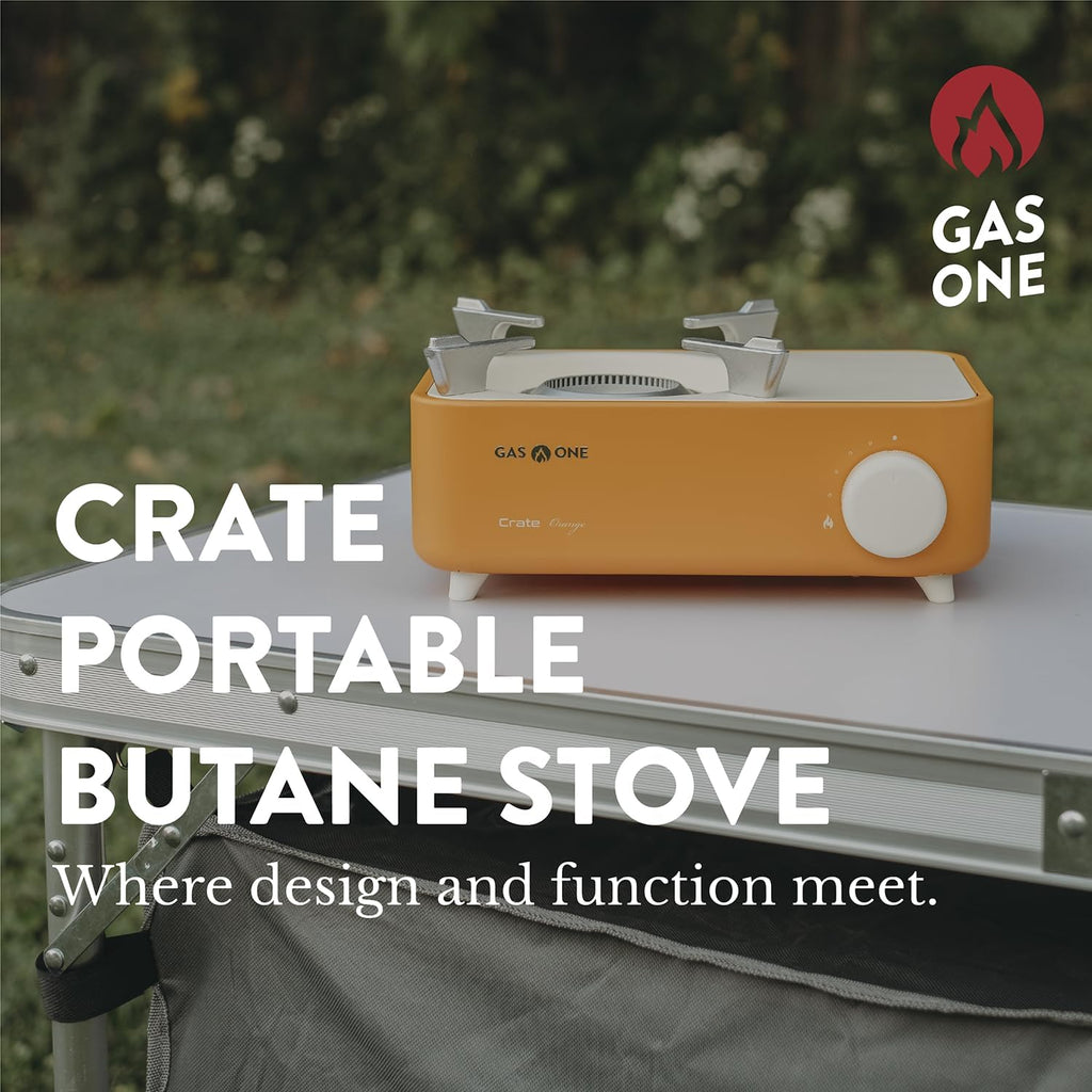Butane Fuel Camp Stove – Crate Series - Mini Stove for Camping, Hiking – Portable Gas Stove with Spiral Flame – Even Heat Distribution – Modern and Easy to Use (Orange)