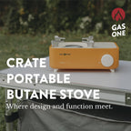 Butane Fuel Camp Stove – Crate Series - Mini Stove for Camping, Hiking – Portable Gas Stove with Spiral Flame – Even Heat Distribution – Modern and Easy to Use (Orange)