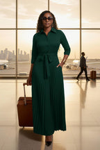 Womens Maxi Dress 3/4 Sleeve Button down Pleated Church Work Dress | Business Casual Lapel Neck Work Dress with Pockets/ Elegant Tie Waist Wedding Guest Dress with Belt/ Solid Color