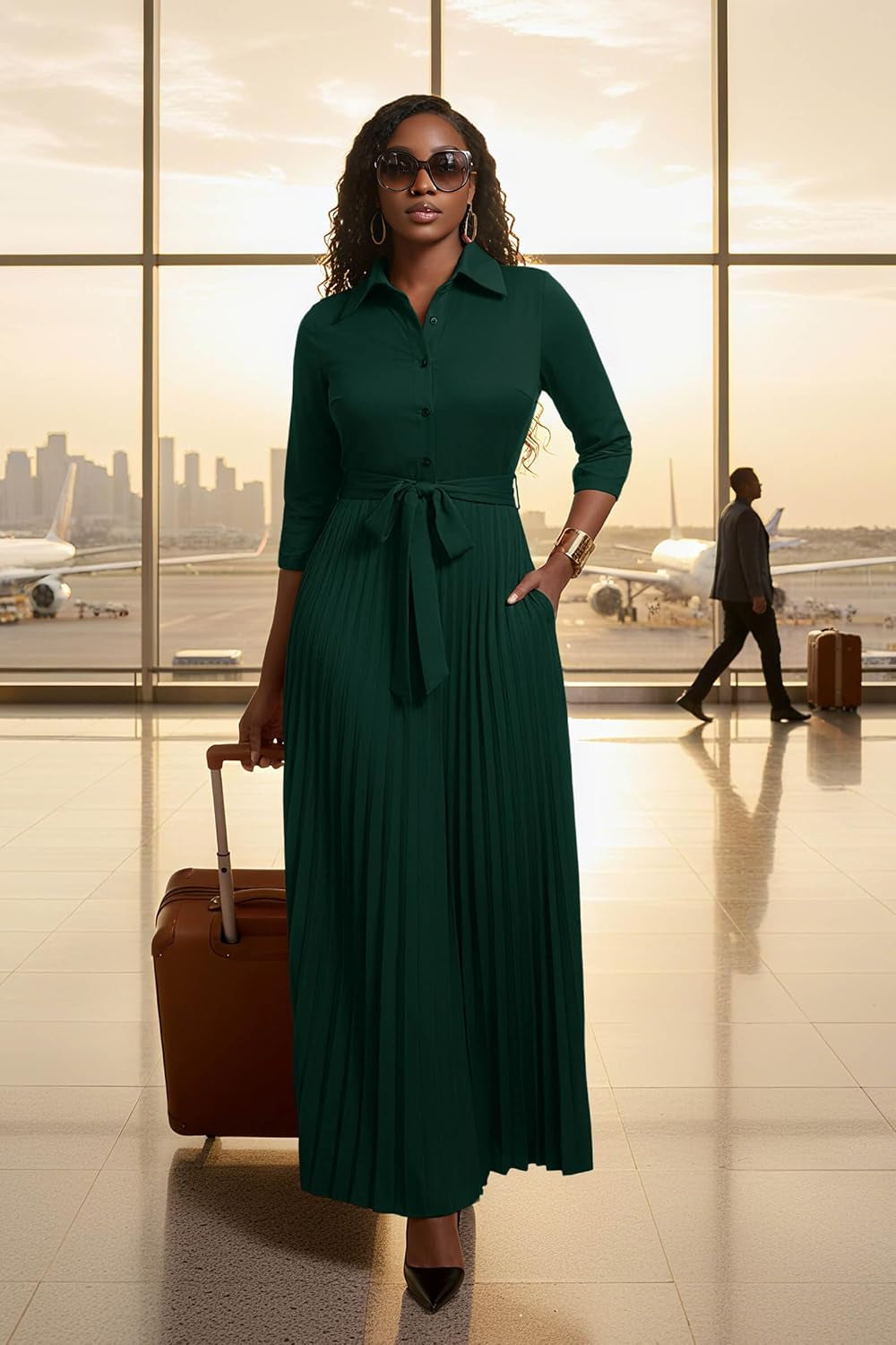 Womens Maxi Dress 3/4 Sleeve Button down Pleated Church Work Dress | Business Casual Lapel Neck Work Dress with Pockets/ Elegant Tie Waist Wedding Guest Dress with Belt/ Solid Color