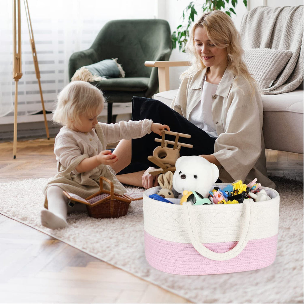 Diaper Caddy Organizer, Rope Woven Storage Baske, Pink | Cotton Rope, Nursery Storage Basket for Car & Changing Table | Holds Diapers, Wipes & Baby Essentials | Durable