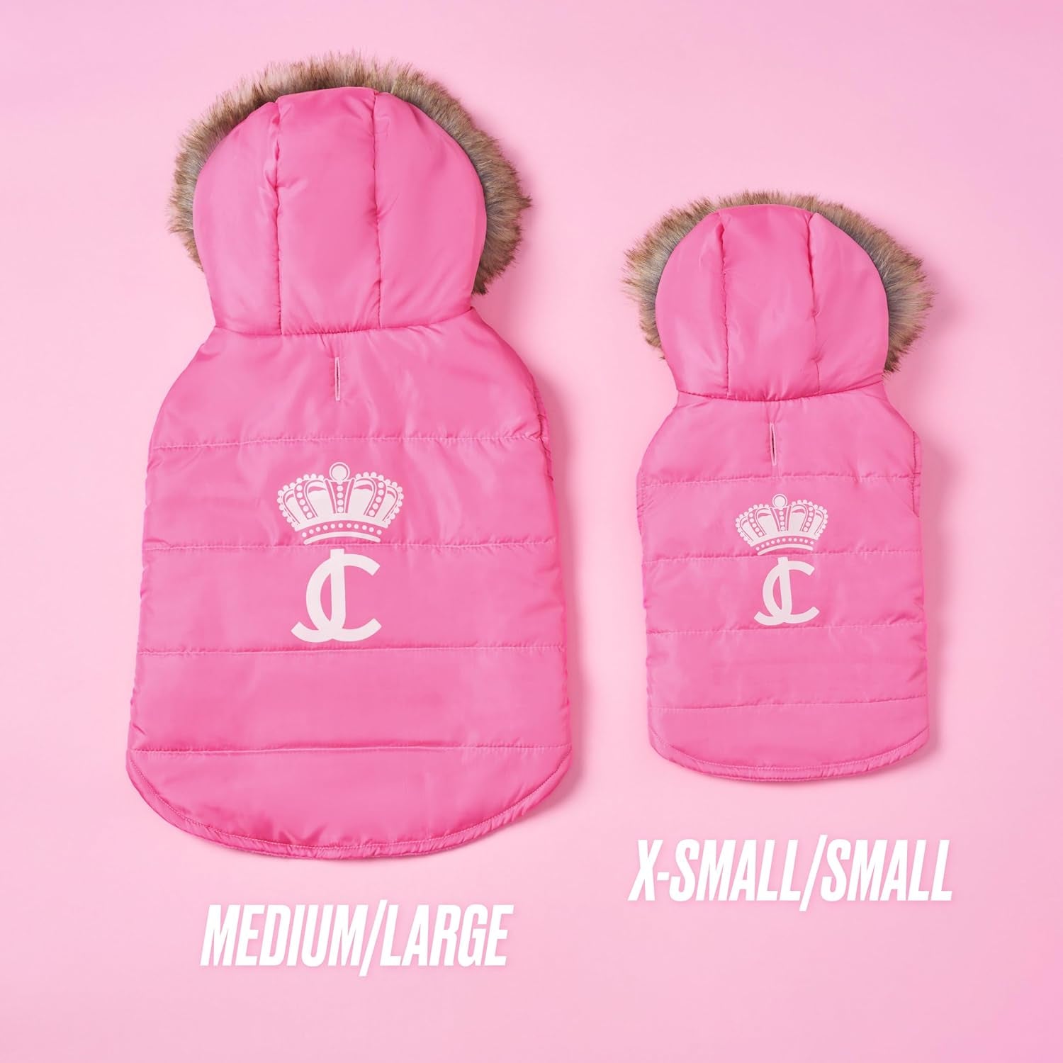 Juicy Couture Faux Fur Hooded Pet Jacket for Dogs and Cats - Hot Pink - Medium/Large