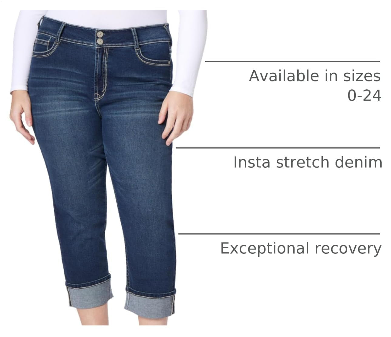 Luscious Curvy 23.5” Mid-Rise Cropped Jeans for Women, Insta Stretch Denim Juniors Jeans