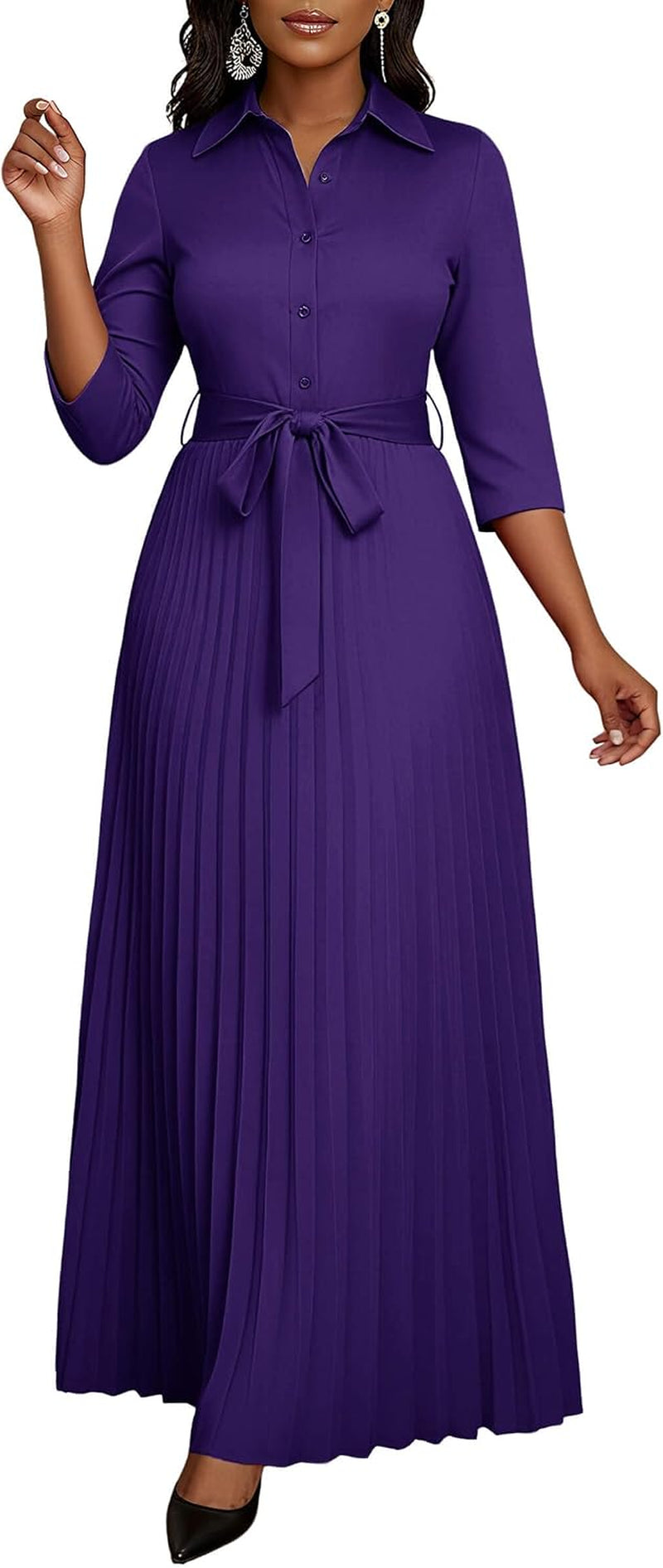 Womens Maxi Dress 3/4 Sleeve Button down Pleated Church Work Dress | Business Casual Lapel Neck Work Dress with Pockets/ Elegant Tie Waist Wedding Guest Dress with Belt/ Solid Color