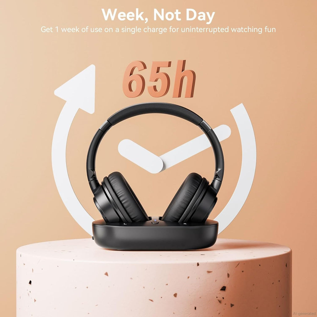 Wireless Headphones for TV, TV Headphones Wireless for Seniors with Easy Setup, Compatible with Most Tvs, Charging Base, 65H Playtime, Low Latency Audio, TV Headset, Ideal for Dad, Mom