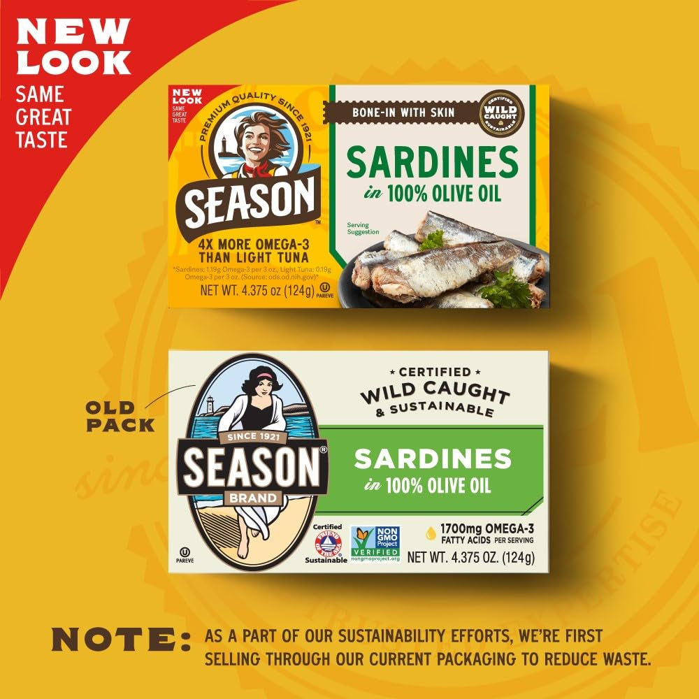 Sardines in Olive Oil - Wild Caught, 22G of Protein, Keto Snacks, More Omega 3'S than Tuna, Kosher, High in Calcium, Canned Sardines - 4.37 Oz Tins, 12-Pack