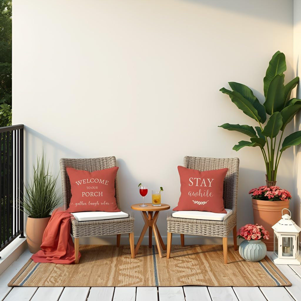 Outdoor Decorative Throw Pillow Covers 18X18 Inch Set of 2, Coral | Welcome to Our Porch Stay Awhile Relax Tropical Summer Patio Decoration for Home Couch Bench Decor