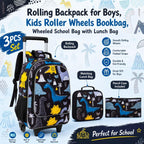 3PCS Rolling Backpack for Girls Boys, Kids Roller Wheels Bookbag, Wheeled School Bag with Lunch Bag
