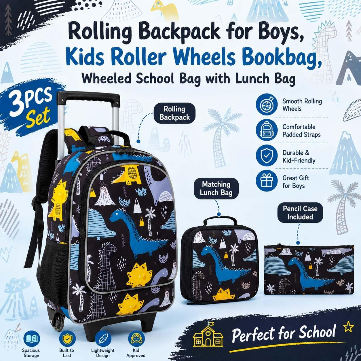 3PCS Rolling Backpack for Girls Boys, Kids Roller Wheels Bookbag, Wheeled School Bag with Lunch Bag