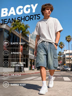 Baggy Jean Shorts Men, Y2K Jorts Cargo Ripped Elastic Waist, Mens Denim Shorts Comfy Casual Streetwear Summer