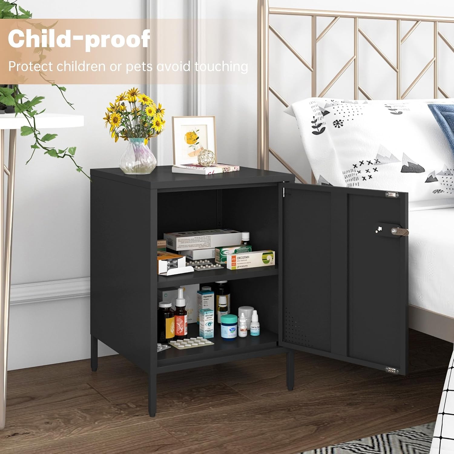 Metal Lockable Nightstand, Single Door Locker Metal End Table Small Bedside Storage Cabinet for Living Room, Bedroom, Dorm, 21.26”H X 15.75”W X 15.75”D (1 Door, Black)