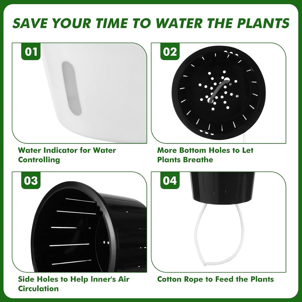 6.7 Inch Self Watering Pots for Indoor Plants, 4 Packs African Violet Pots with Indicator, Black Wick Pot with Drainage Holes, Self Watering Planters for Orchid, Devil'S Ivy, White