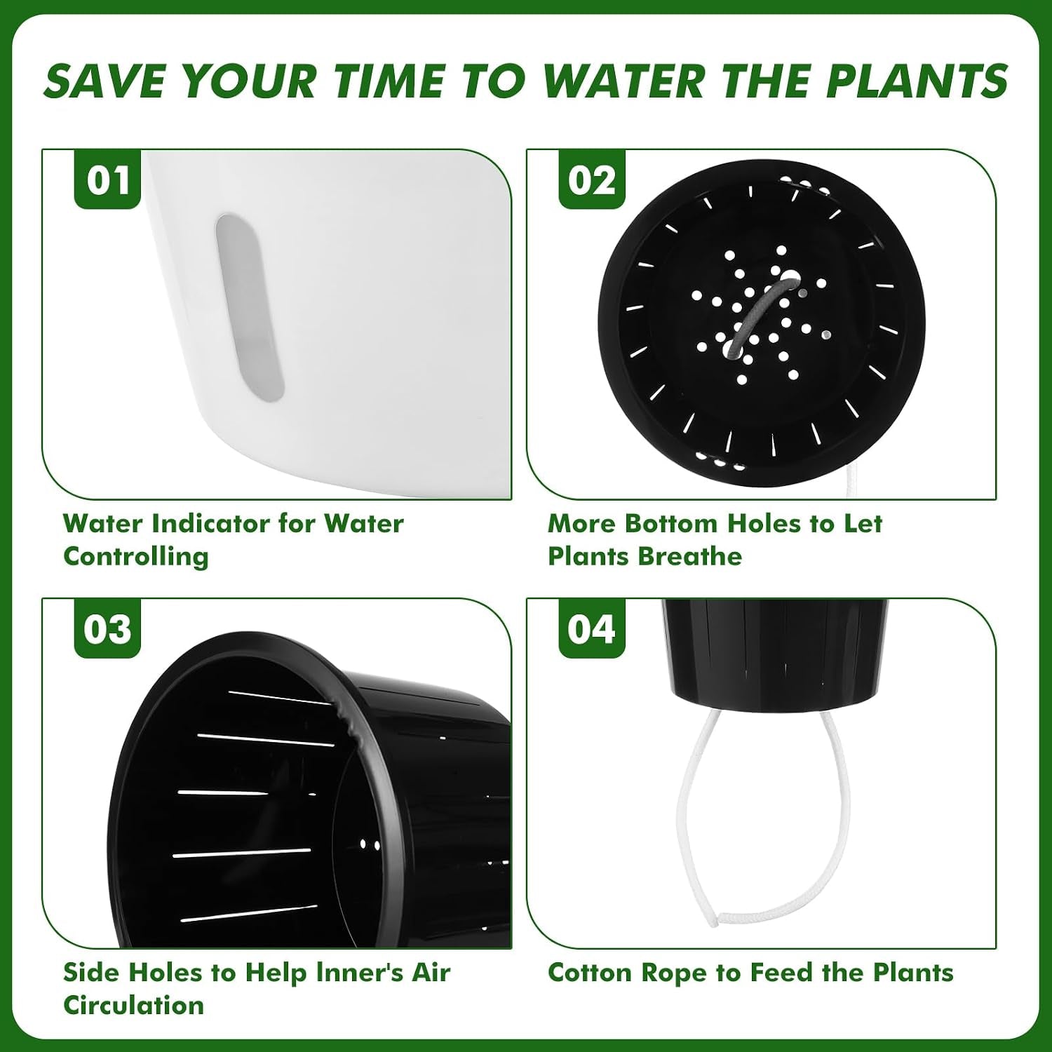 6.7 Inch Self Watering Pots for Indoor Plants, 4 Packs African Violet Pots with Indicator, Black Wick Pot with Drainage Holes, Self Watering Planters for Orchid, Devil'S Ivy, White