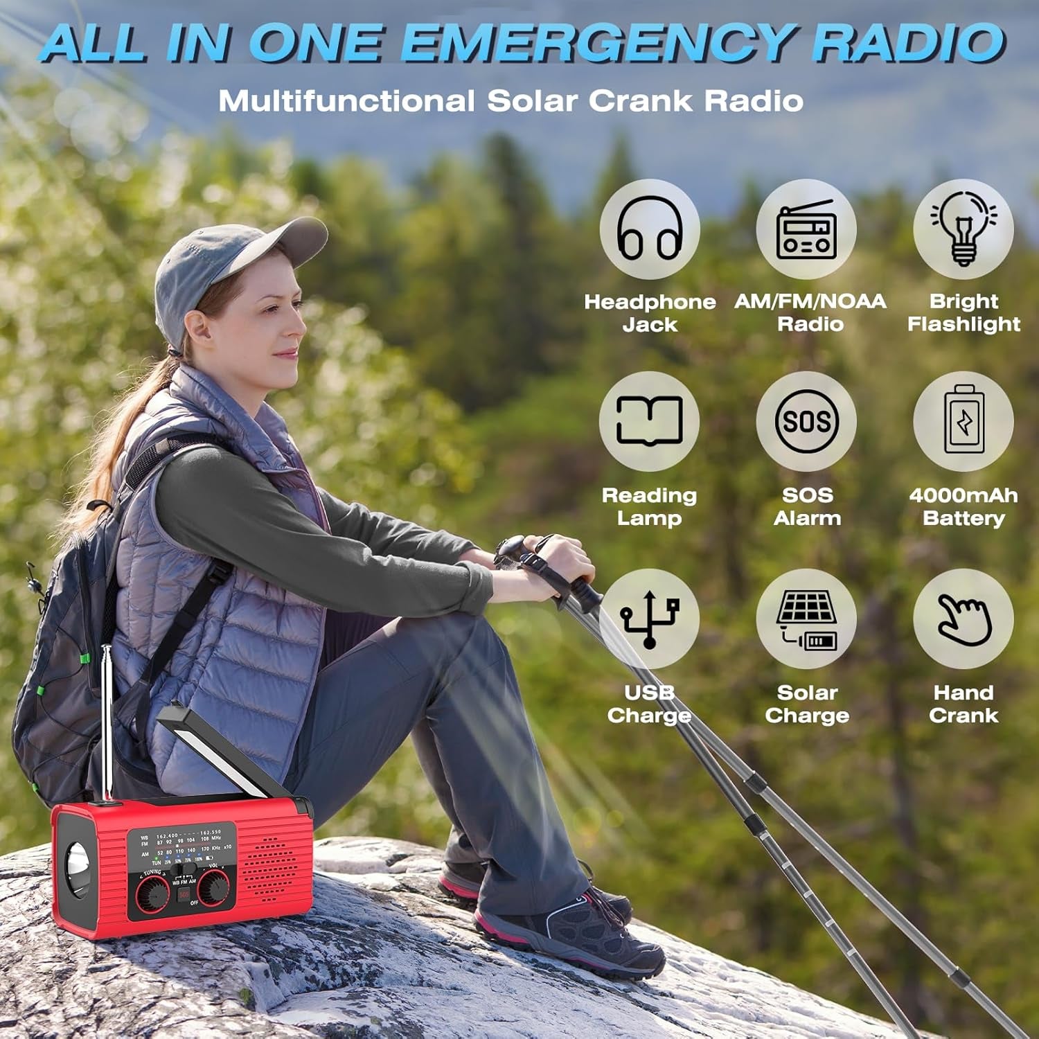 Emergency Weather Radio, 4000Mah NOAA Weather Radio Solar Charging | Hand Crank Radio & USB Charged, Radios Portable Am Fm with LED Flashlight, Reading Lamp, SOS Alarm for Emergency Situation