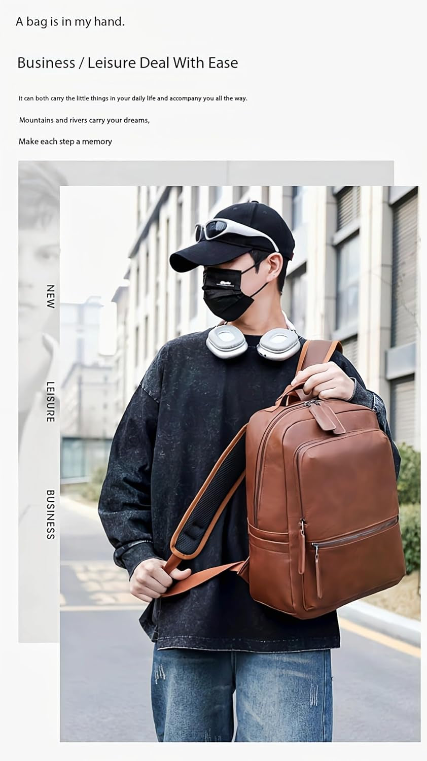 Unisex PU Leather Laptop Bag Work Business Bag Hiking Backpack Leisure Day Bag University Schoolbag (Large,Brown 2)