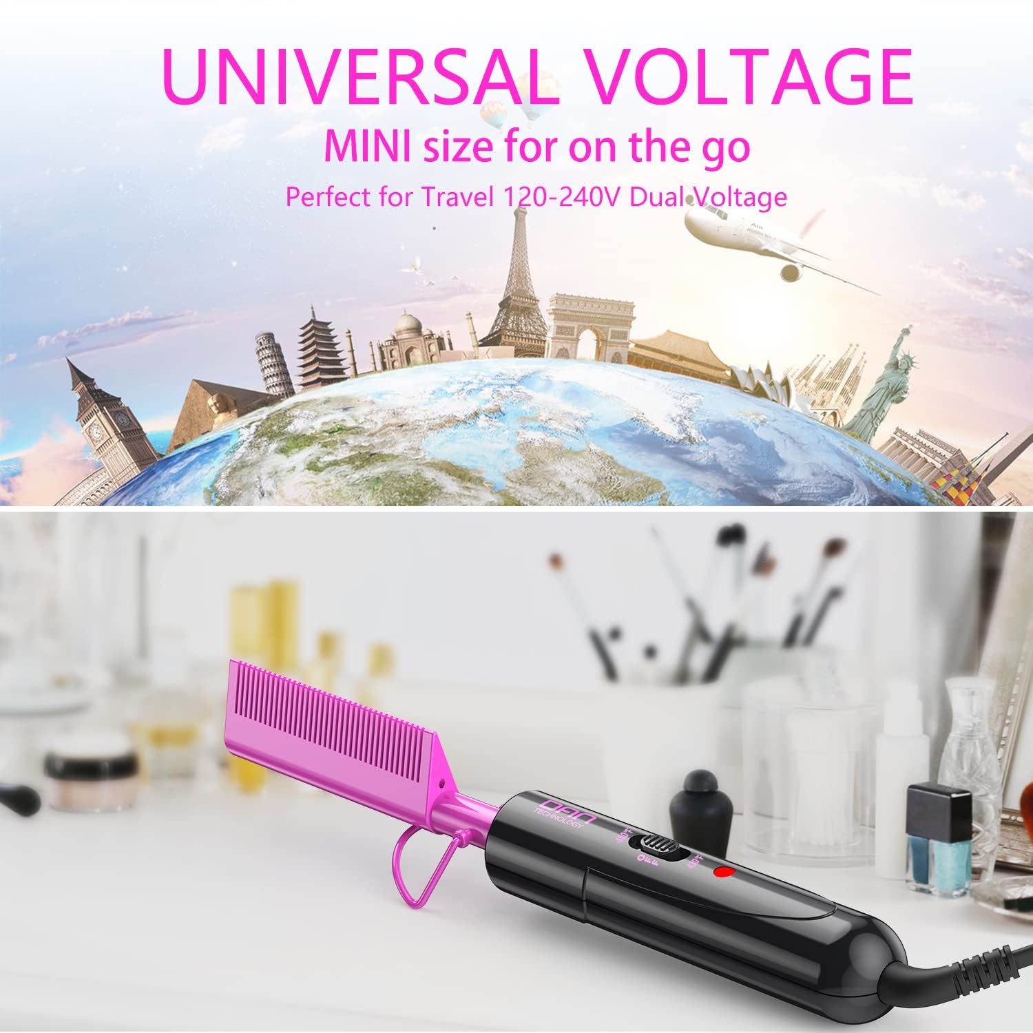 Mini Hot Comb,Dual Voltage Pressing Comb,450℉ Heat Comb Hair Straightener,Fast Heating Plug in Hot Comb,Ceramic Hot Comb Electric for Wigs,Electric Straightening Comb for Black Hair