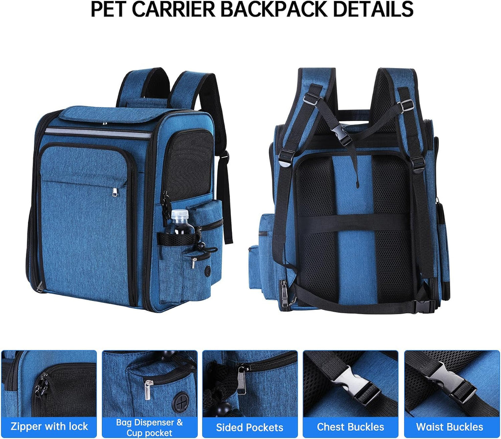 Cat Carrier Backpack for Travel,Dog Carrier Backpack for Large Cat, Small Dogs,Puppies up to 20 Lbs,Expandable Cat Backpack for Outdoor Hiking,Pet Carrier Backpack,Cat Backpack Carrier (Blue)