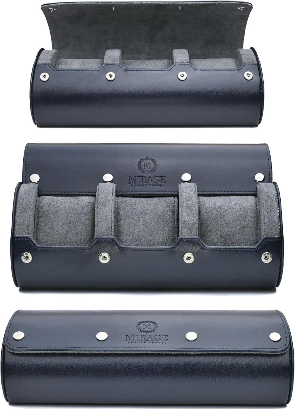 Watch Case Travel Organizer - Watch Roll Case - 3 Watch Case Display Storage - Watches Accessory Gift - Midnight Blue Leather