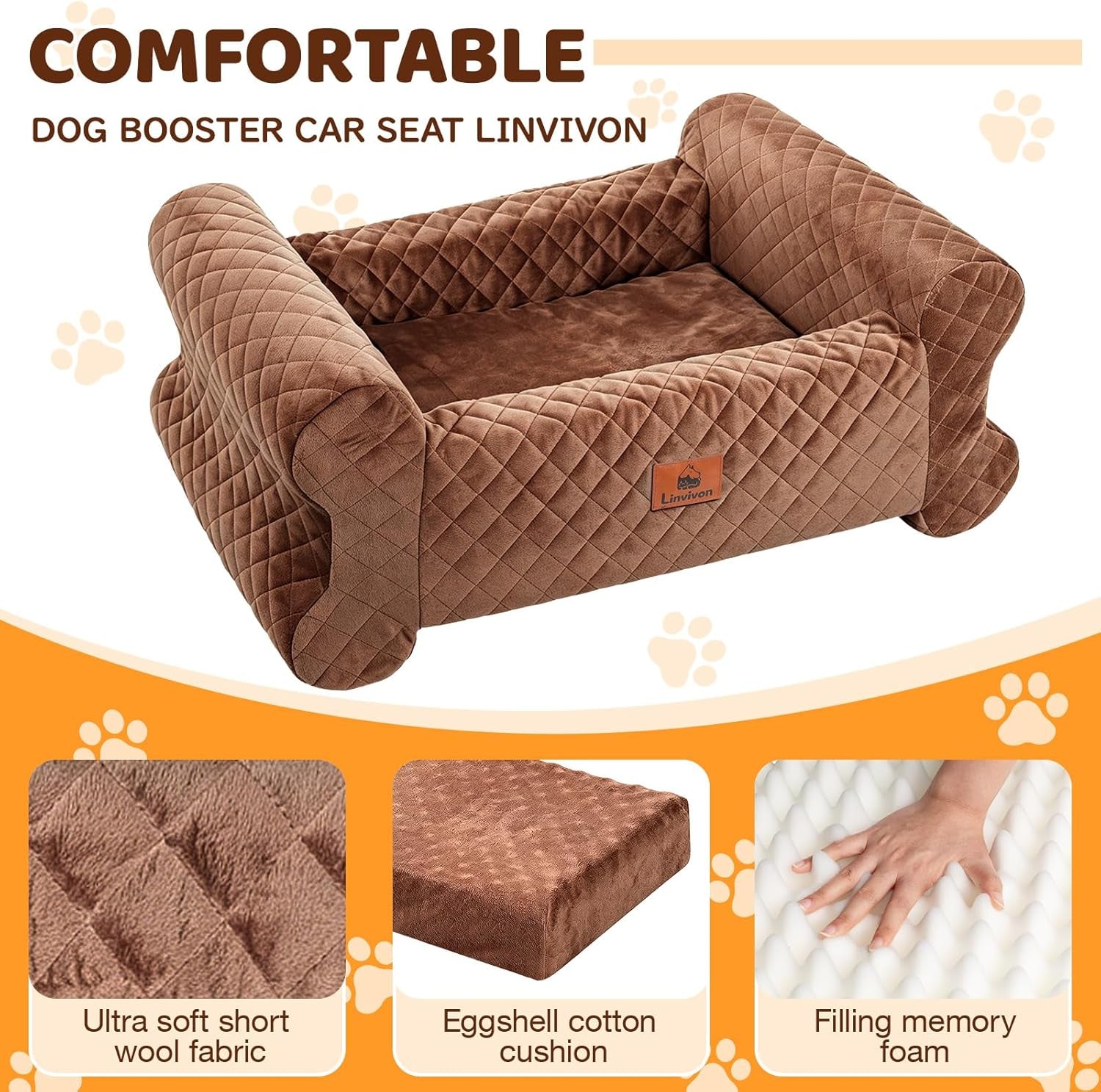 Dog Car Seat for Medium/Large Dogs up to 60LBS Memory Foam Dog Booster Seat | with Thick Cushion, Pet Car Seat for Back with Detachable Washable Cover, Storage Pockets for SUV, Pick Up, Trunk, Brown