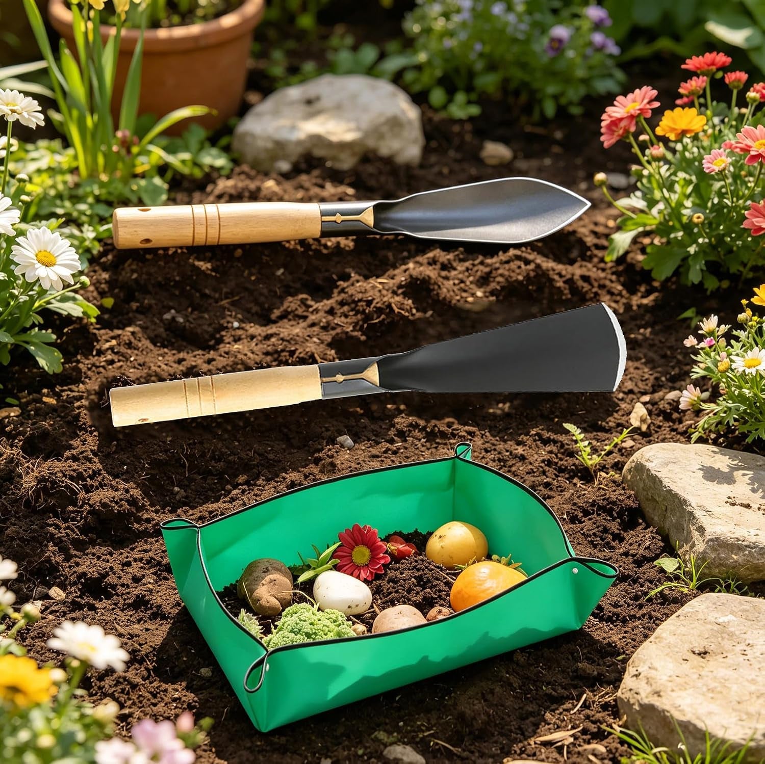 Garden Shovel Trowel Tool Set, 3 Pack Heavy Duty Gardening Tools Set Include Wide Garden Trowel, Hand Shovel with Repotting Mat, Small Shovels for Digging Planting Transplanting