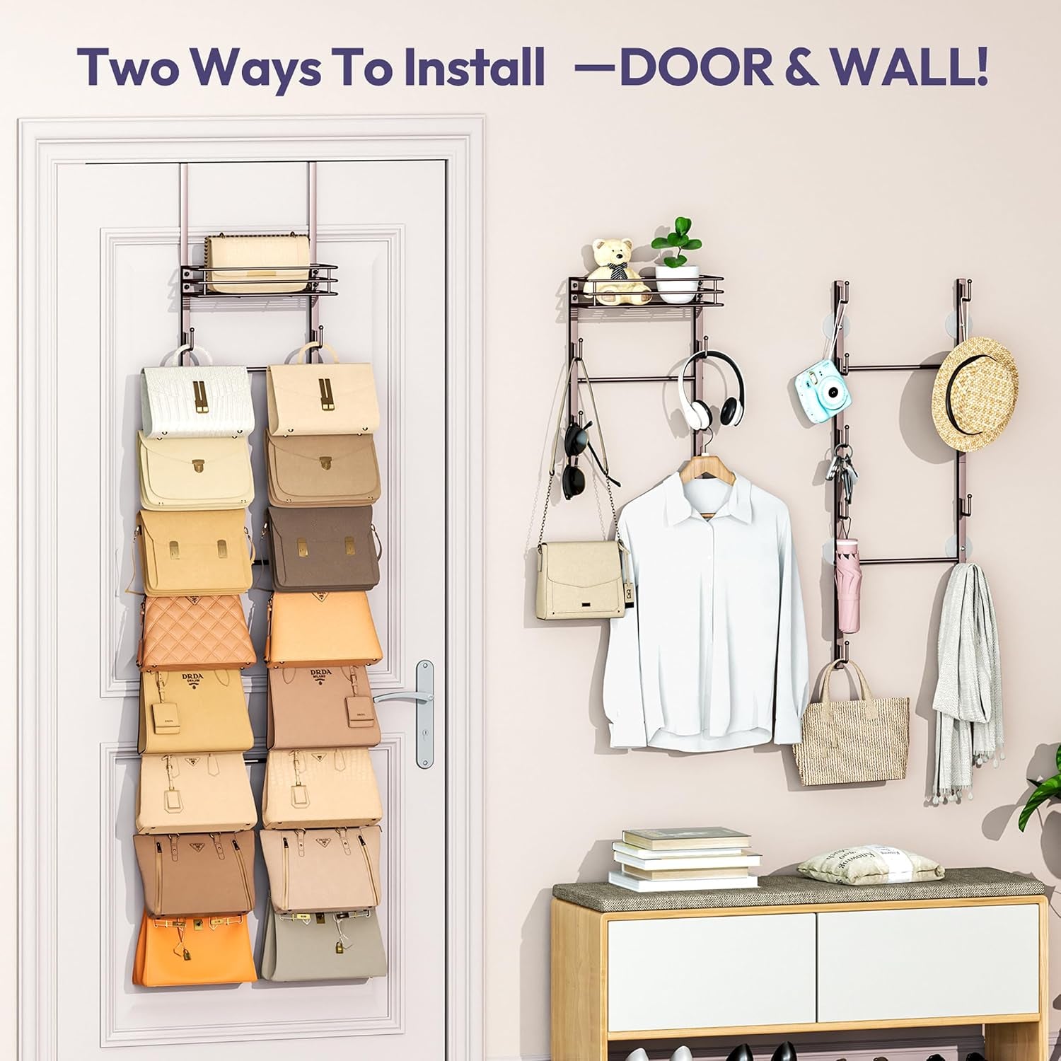 over the Door Purse Organizer - Wall Mounted Handbag Organizer with 16 Hooks and Metal Basket, Hanging Purse Storage Rack Holds up to 16 Bags, Bag Rack Can Use as 1/2 Part, for Door, Closet