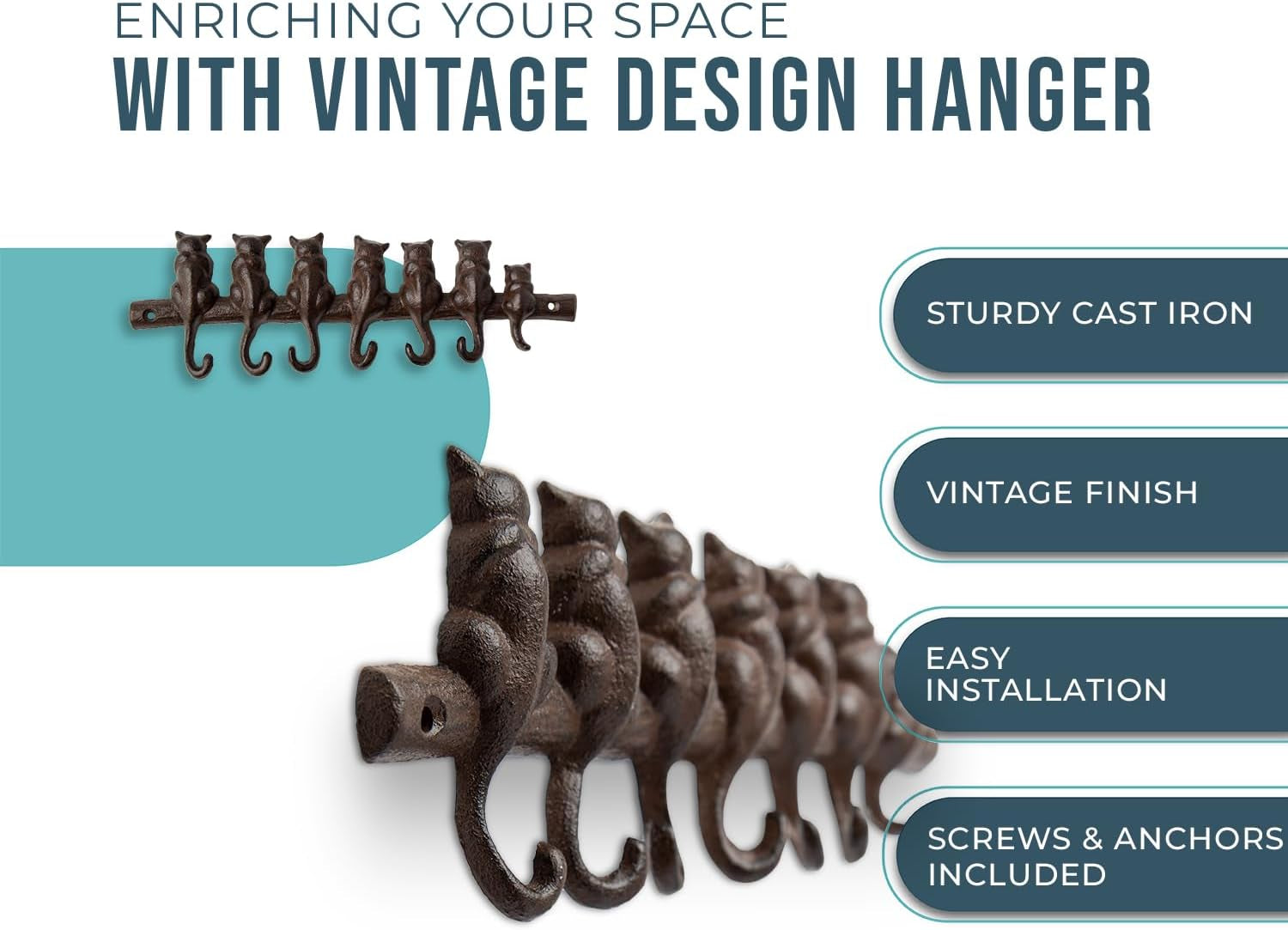 7 Cats Cast Iron Wall Mounted Hanger Rack - Decorative Cast Iron Wall Hook Rack - Vintage Design Hanger with 7 Hooks - Wall Mounted | 12.4 X 3.9”- with Screws and Anchors | Rustic Brown Color