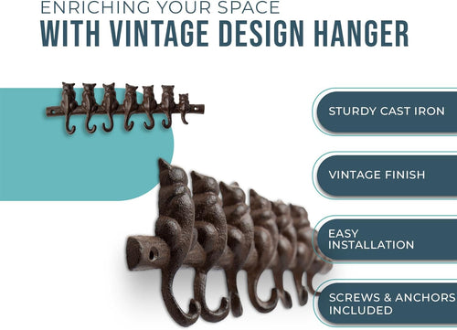7 Cats Cast Iron Wall Mounted Hanger Rack - Decorative Cast Iron Wall Hook Rack - Vintage Design Hanger with 7 Hooks - Wall Mounted | 12.4 X 3.9”- with Screws and Anchors | Rustic Brown Color
