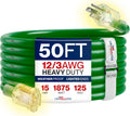50Ft Outdoor/Indoor Extension Cord 12/3 Gauge Extra Heavy Duty 3 Prong SJTW, Waterproof, Flexible Cold-Resistant Long Power Cord,15A 125V 1875W, Green by