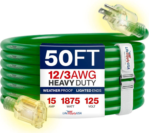 50Ft Outdoor/Indoor Extension Cord 12/3 Gauge Extra Heavy Duty 3 Prong SJTW, Waterproof, Flexible Cold-Resistant Long Power Cord,15A 125V 1875W, Green by