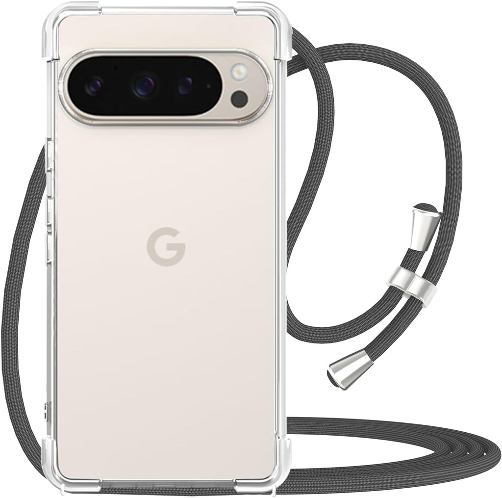 For Google Pixel 9 Pro XL Clear Case Lanyard Adjustable Cord Neck Shoulder Crossbody Strap Mobile Cover Durable Soft Cover Women Shockproof Protective Phone Case for Pixel 9 Pro XL - Gray