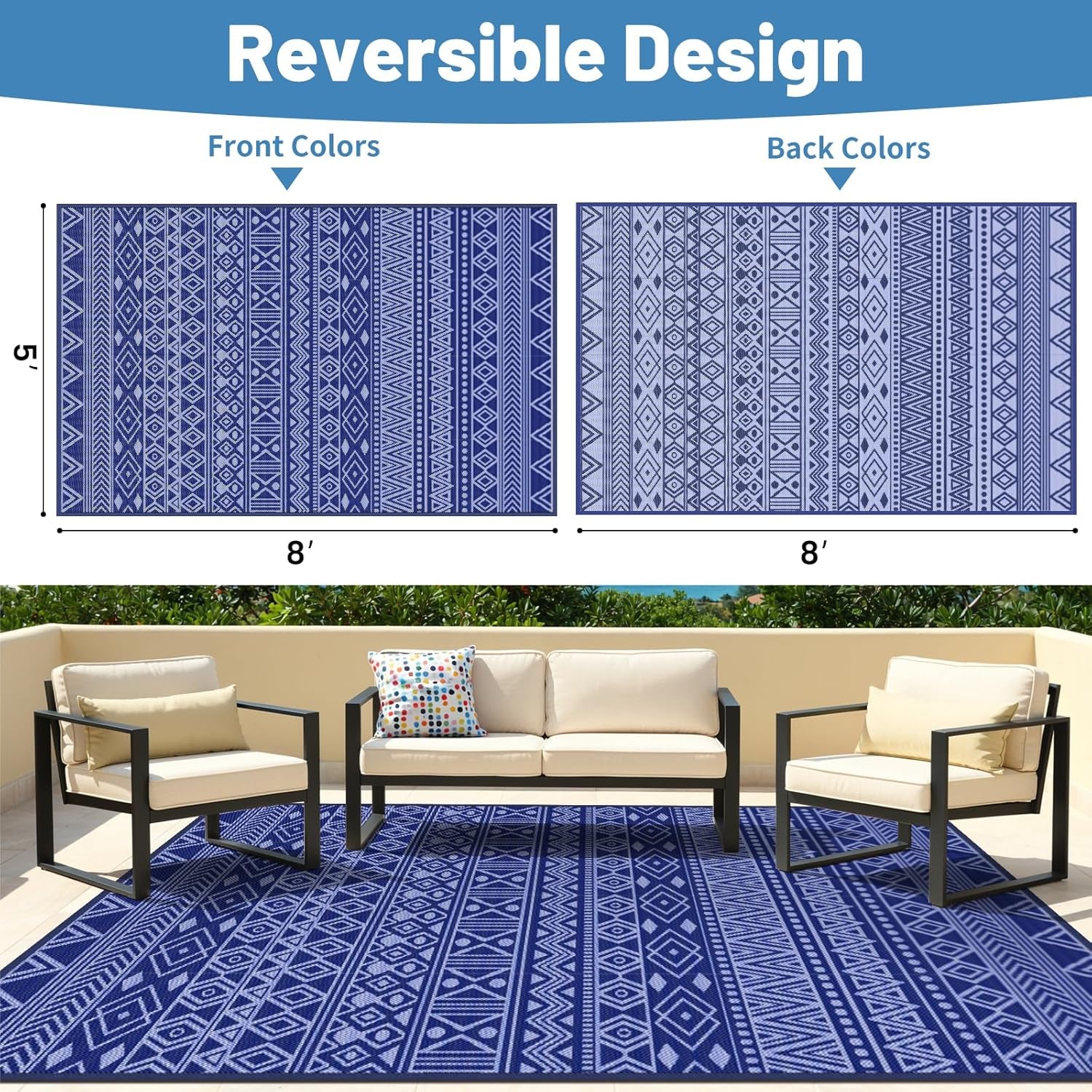 Outdoor Rug 5X8 Ft Waterproof, Reversible Plastic Straw Rug, Patio Rug, Outdoor Area Rug for RV Camping, Porch, Deck, Balcony, Backyard, Picnic, Beach, Garden, Camper, Blue & White