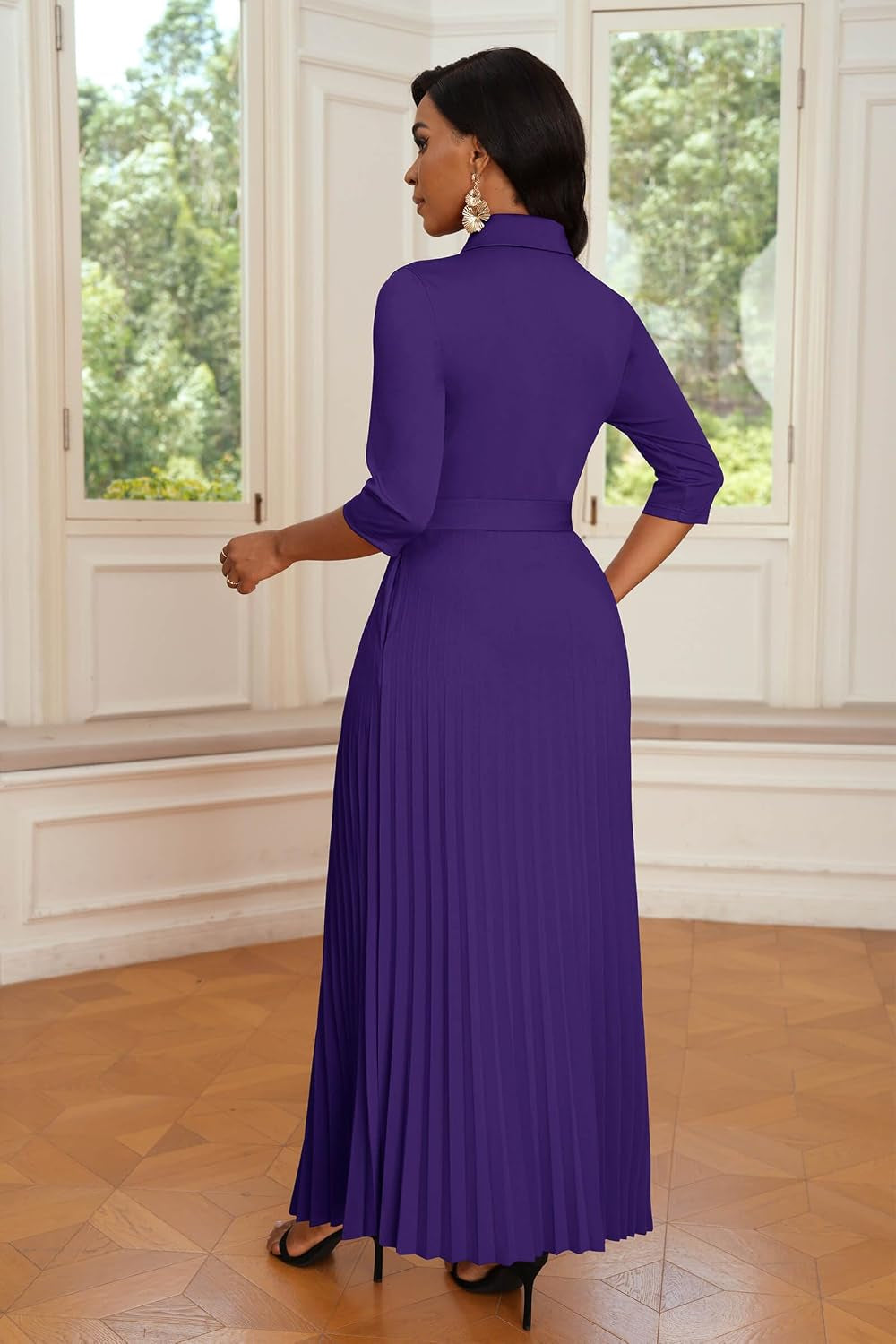 Womens Maxi Dress 3/4 Sleeve Button down Pleated Church Work Dress | Business Casual Lapel Neck Work Dress with Pockets/ Elegant Tie Waist Wedding Guest Dress with Belt/ Solid Color