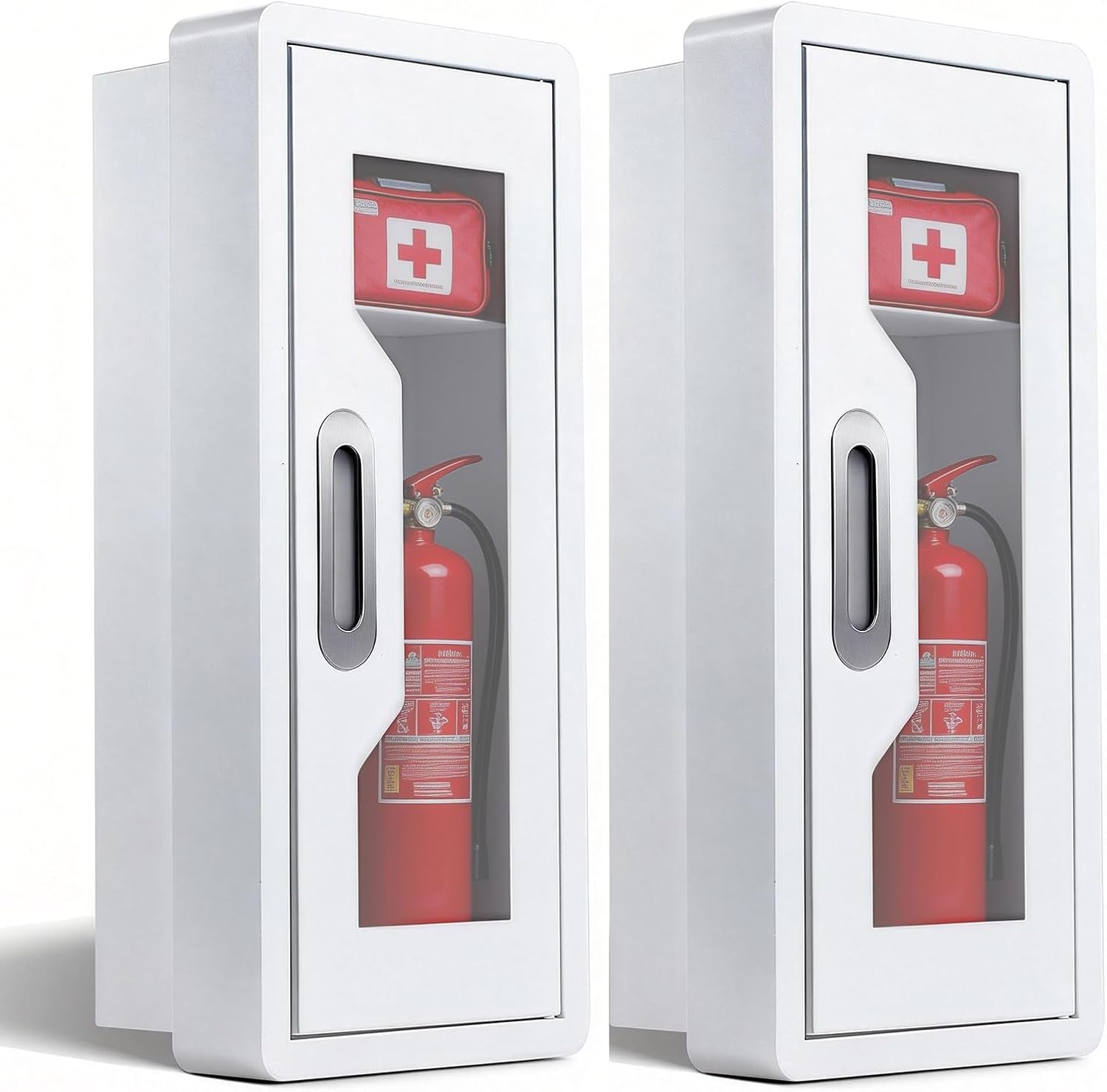 Rounded Corner Semi Recessed Steel Fire Extinguisher Cabinet White 2PC | for 2.5/5/10 LB Extinguisher ，Heavy-Duty Wall Mount Box ，Invisible Handle, Transparent Window, Indoor/Outdoor Use