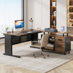 63 Inch Executive Desk with File Cabinet, Large Office Desk L Shaped Computer Desk with Drawers and Storage Shelves, Business Furniture Desk Workstation for Home Office, Brown and Black