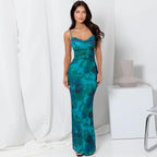 Women Vintage Spaghetti Strap Maxi Dress Sexy Low Cut Backless Floral Satin Slip Long Dress Y2K Cami Bodycon Dresses