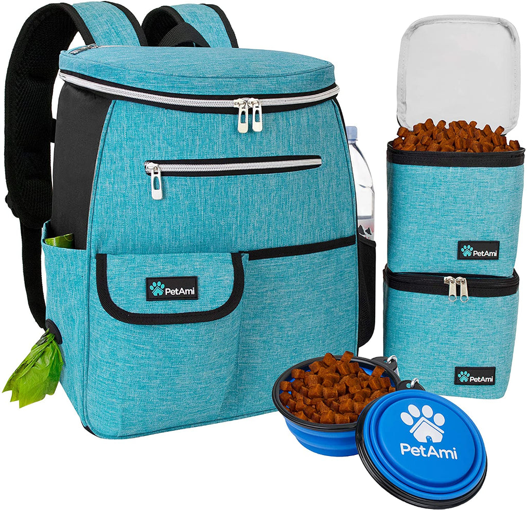 Dog Travel Backpack 27L Airline Approved Pet Supplies Bag, Teal Blue | Cat Traveling Suitcase Organizer for Weekend Road Trip Camping; 2 Food Containers, 2 Collapsible Bowls & Poop Bag Dispenser